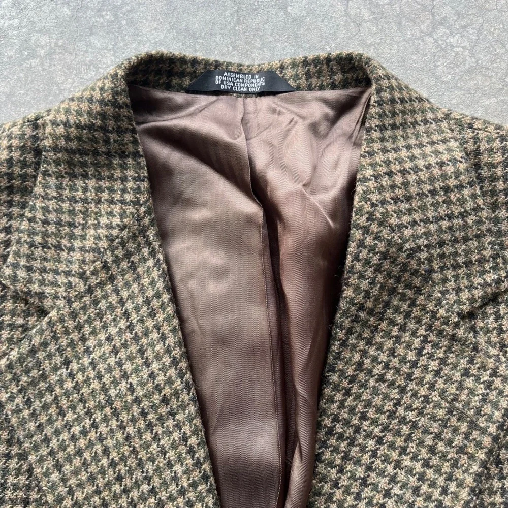 Haggar Clothing Co Mens Pure Wool Houndstooth Blazer Brown Tan Sport Coat 44R